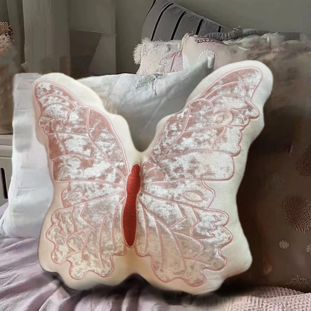 Butterfly Throw Pillow, Pink Butterfly-Shaped Glitter Velvet Stuffed Cushion Shiny Spring Decorative Animal Pillow for Couch Living Room Bed (11.8"x11.8")