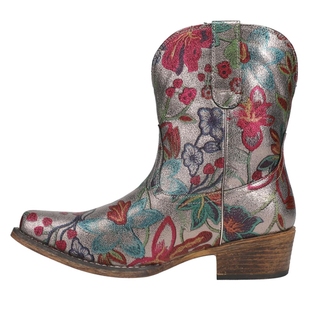 Womens Ingrid Floral Metallic Snip Toe Casual Boots Ankle Low Heel 1-2"