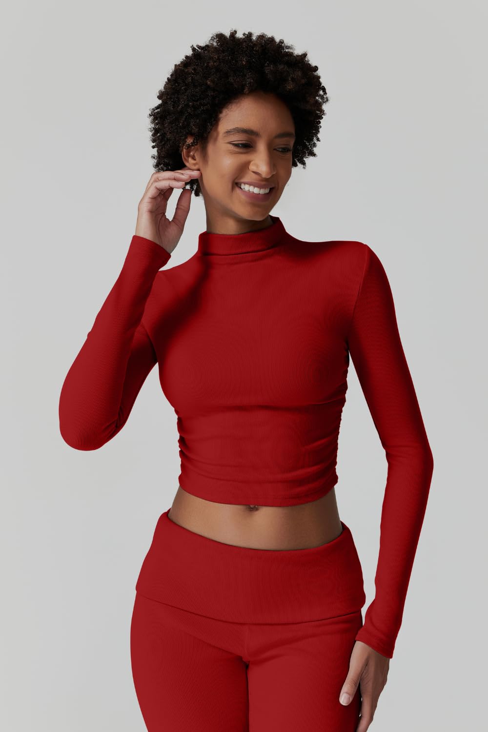 Womens 2 Piece Lounge Sets Mock Neck Long Sleeve Tops with Side Ruched Fold Over Flare Pants Comfy Tracksuits