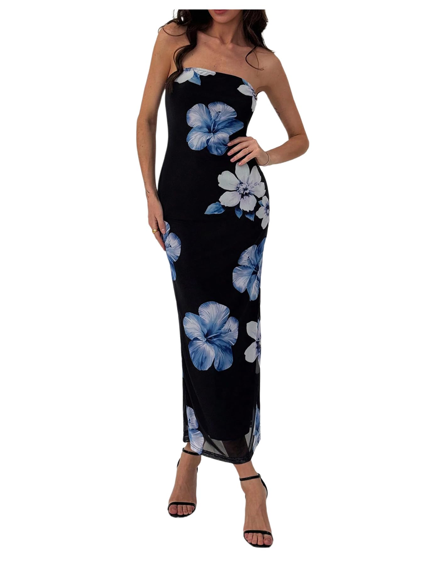 Women's Floral Strapless Bodycon Maxi Dress Summer Tube Top Dresses