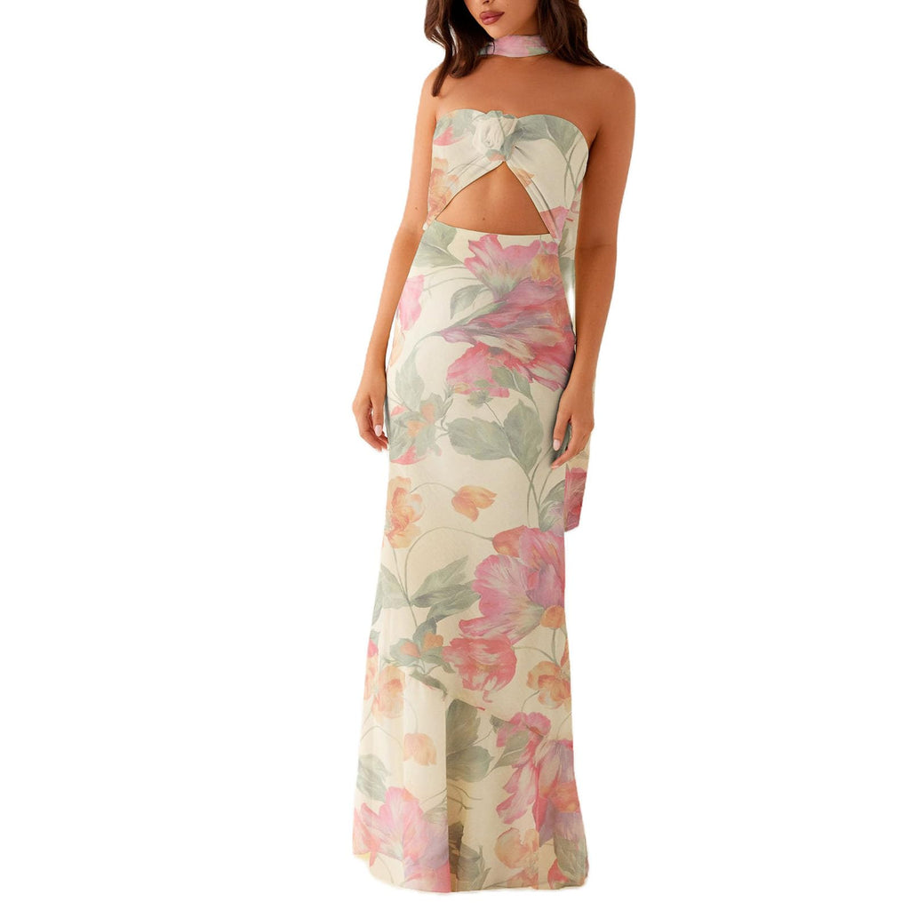 Women's Strapless Neck Scarf Floral Dresses Open Back Bodycon Long Dress Maxi Fitted Sundress