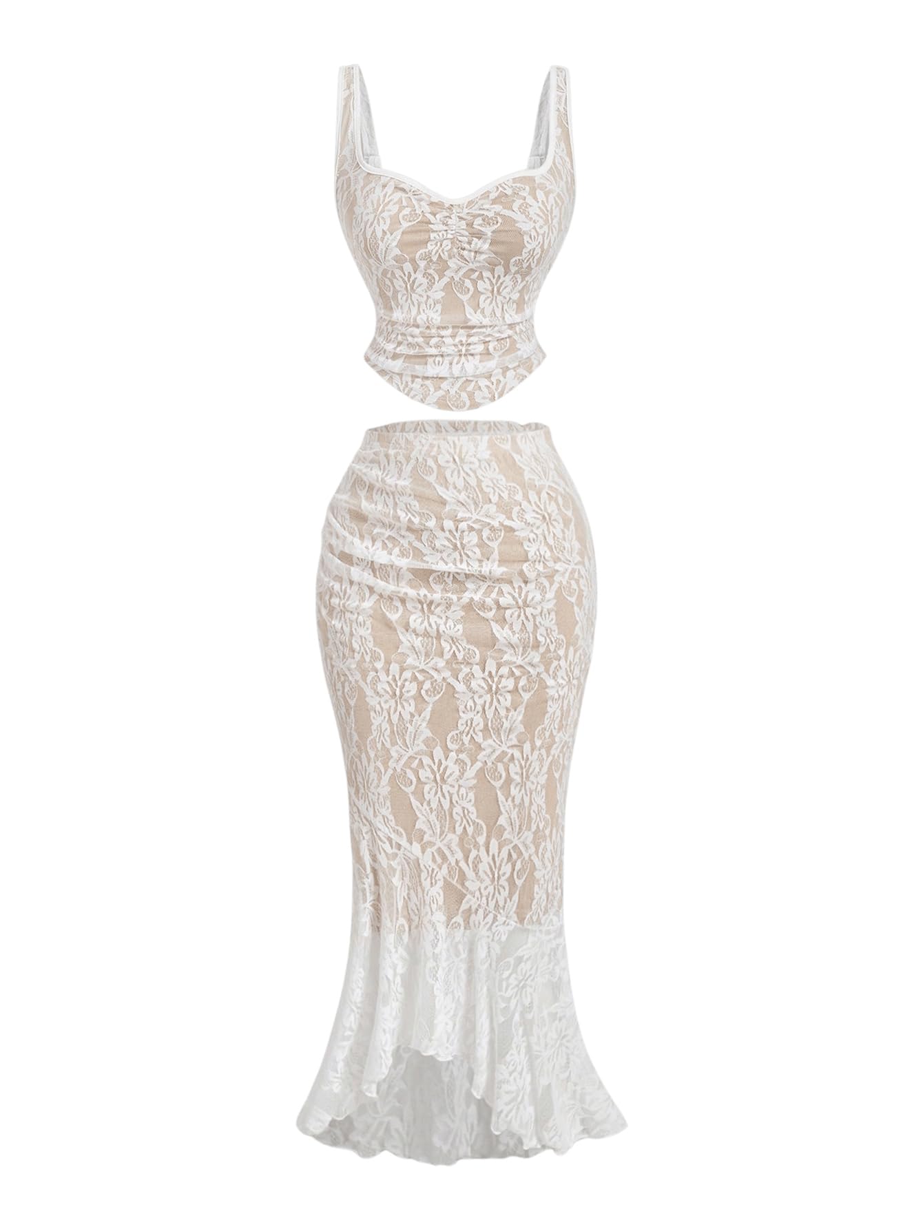 Women's Coquette Floral Lace Skirt Set 2 Piece Sleeveless Top and Bodycon Fishtail Skirt