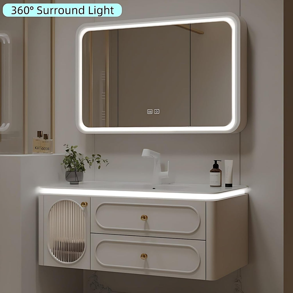 Wall-Mounted Bathroom Vanity Set - Included Single Sink, Contemporary Bathroom Vanity Featuring an Intelligent LED Defogging Mirror Cabinet & Ample Storage, Solid Wood Construction