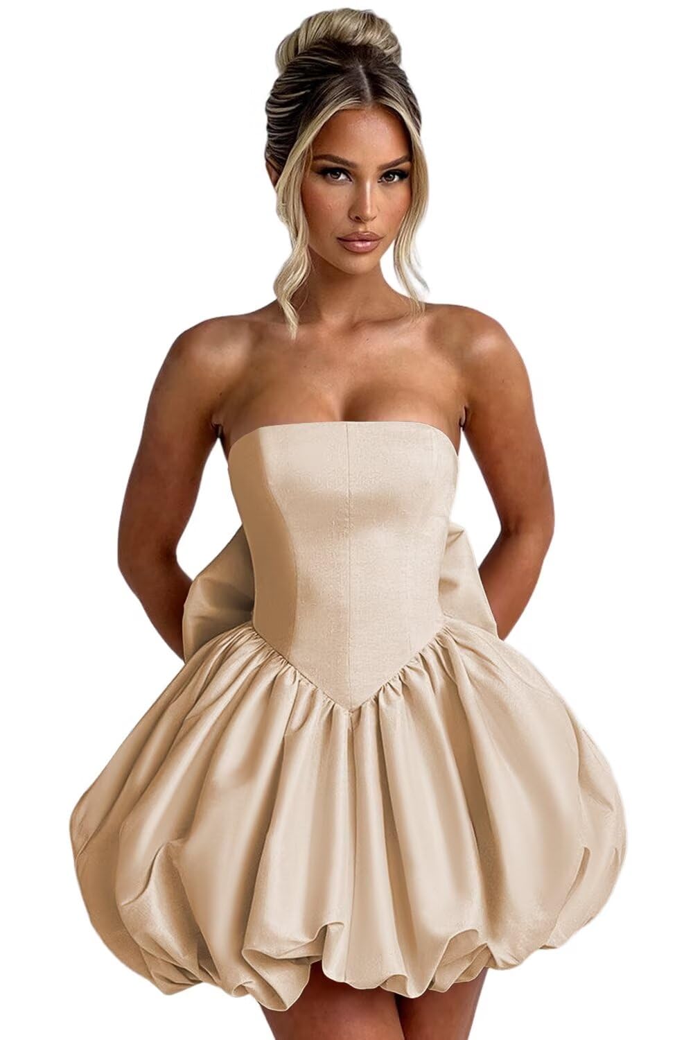 Satin Bubble Dress with Pockets Strapless Detachable Bow Short Ball Gowns A Line