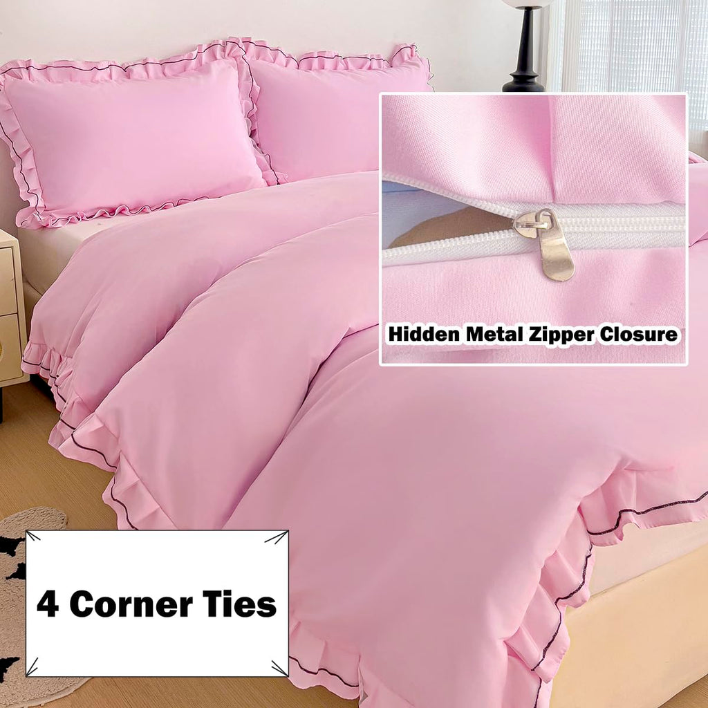 Chic Lace Bedding Set with Double Ruffle - 3 Pieces Luxury Princess Style Comforter Cover Soft Breathable