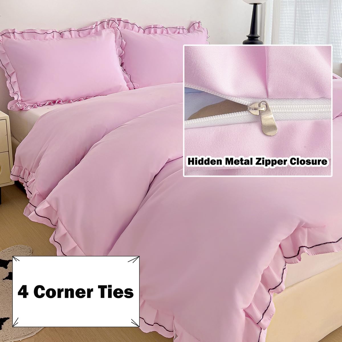 Chic Lace Bedding Set with Double Ruffle - 3 Pieces Luxury Princess Style Comforter Cover Soft Breathable