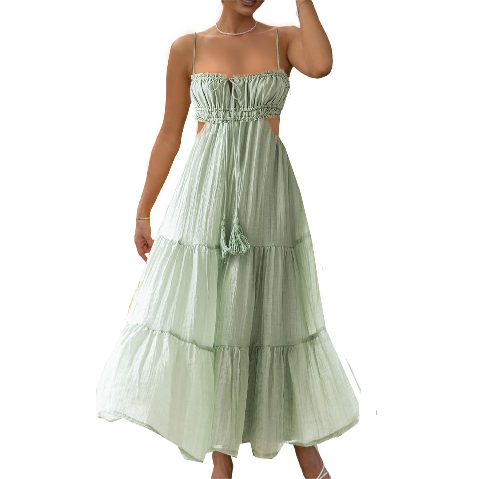 Women Y2k Bodycon Long Dress Spaghetti Strap Low Cut Dress Casual Backless Flowy Maxi Dress Sexy