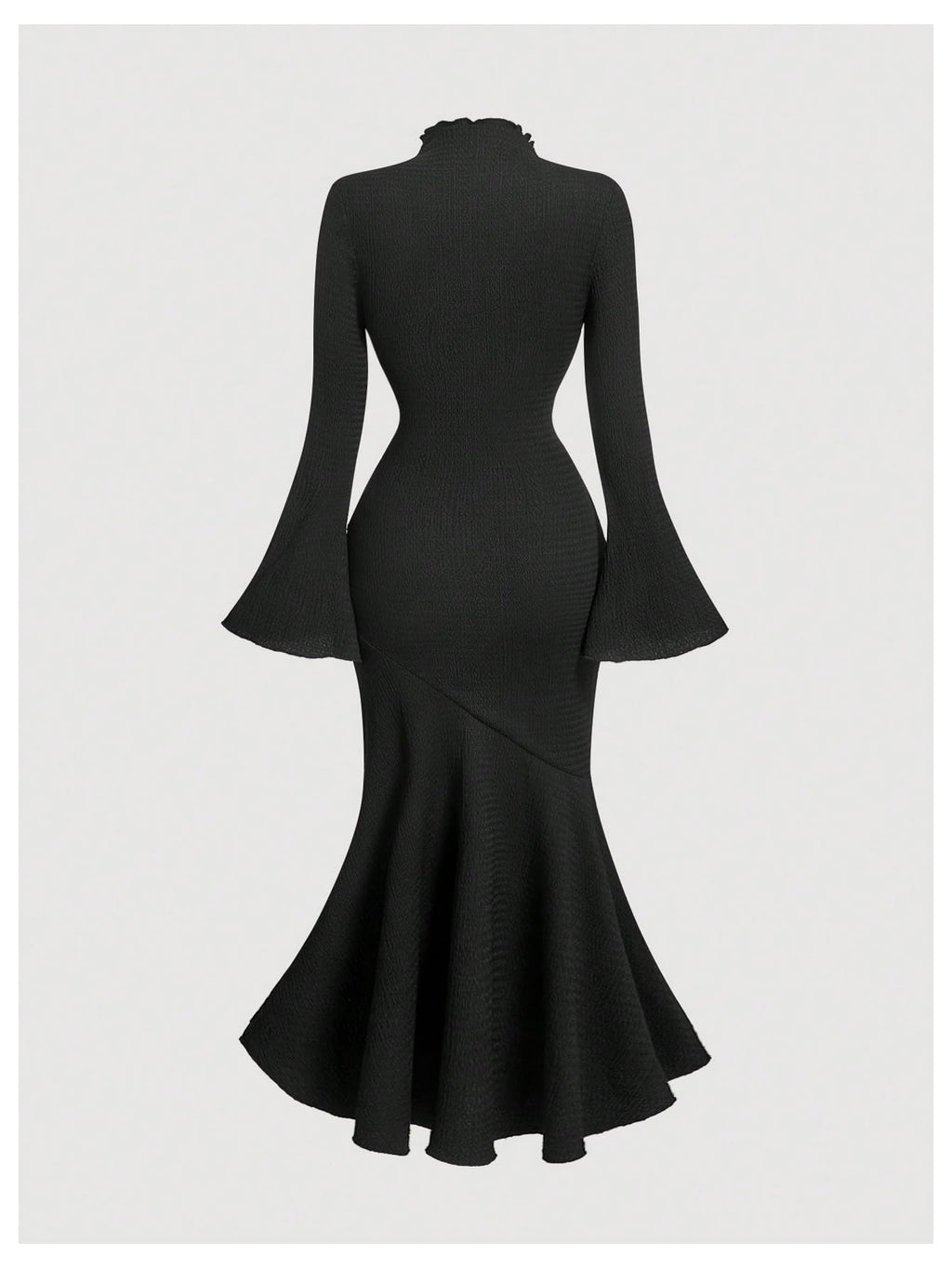 Women's 3D Floral Bell Sleeve Mock Neck Midi Dress Ruffle Hem Bodycon Wedding Guest Dresses