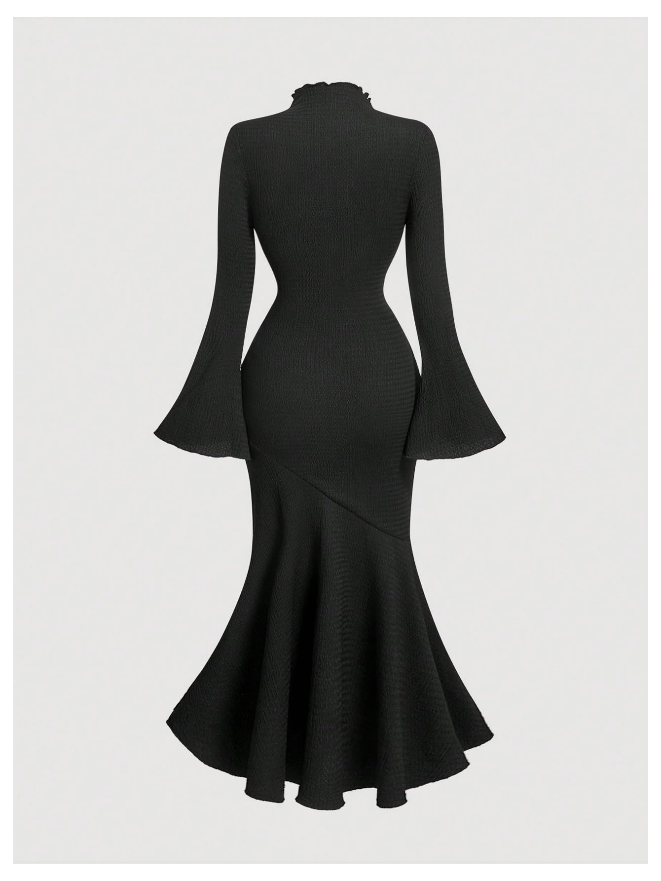 Women's 3D Floral Bell Sleeve Mock Neck Midi Dress Ruffle Hem Bodycon Wedding Guest Dresses