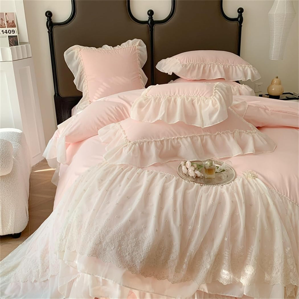 Lace Duvet Cover - Chiffon Ruffled Beddding Set with Flower, 3 Pieces Comforter Cover Set with Zipper Closure and Pillowcase