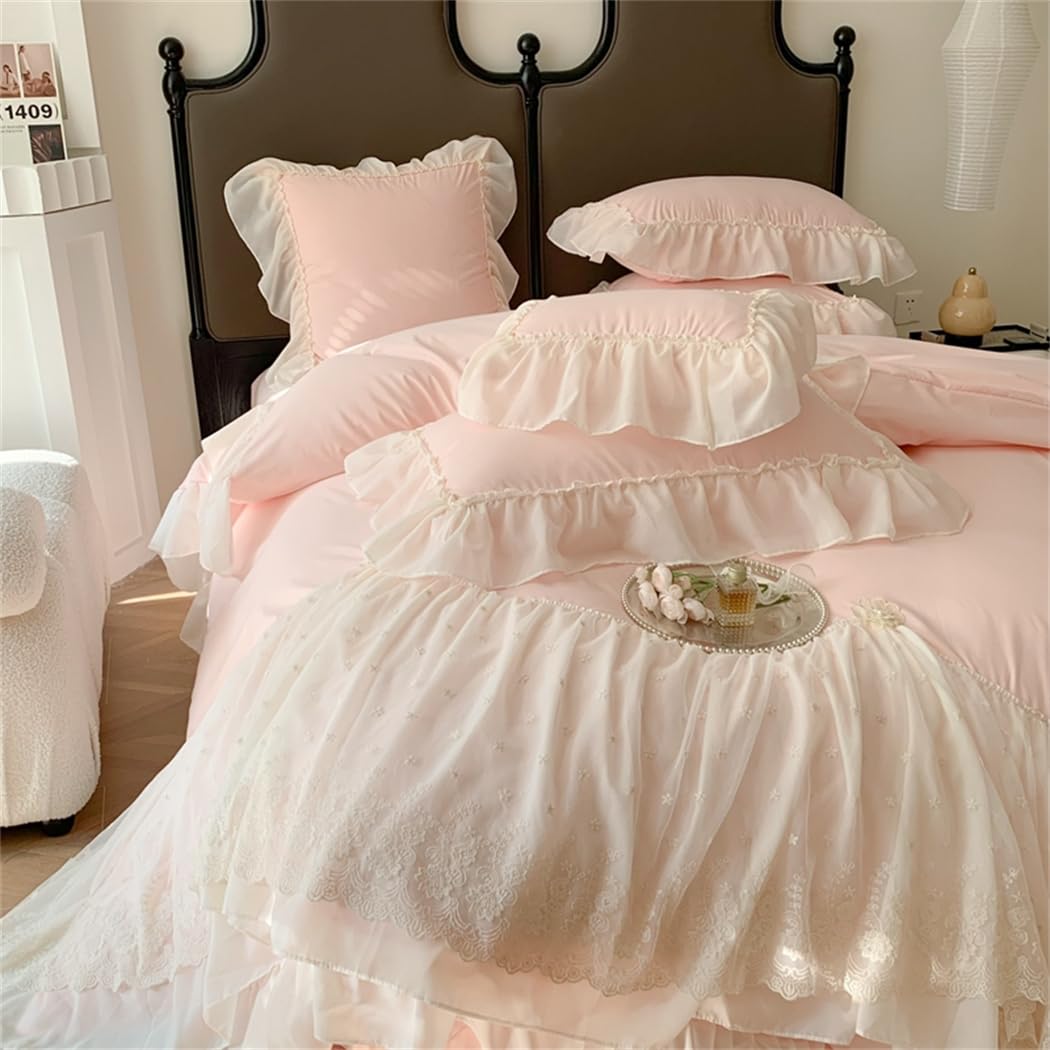 Lace Duvet Cover - Chiffon Ruffled Beddding Set with Flower, 3 Pieces Comforter Cover Set with Zipper Closure and Pillowcase