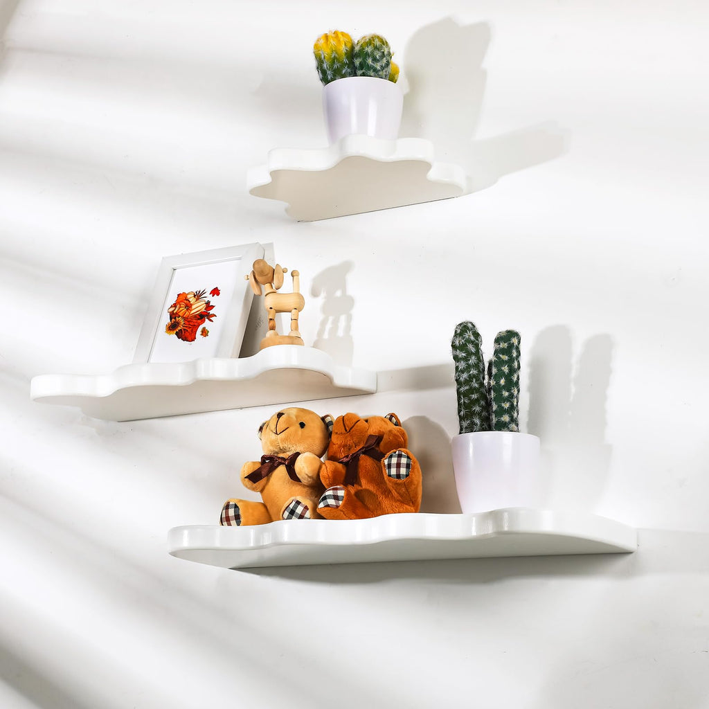 Set of 3 Wavy Cloud Floating Shelves â€?Funky Kawaii Danish Wall Decor for Bedroom & Bathroom (Pink, Green, Purple)