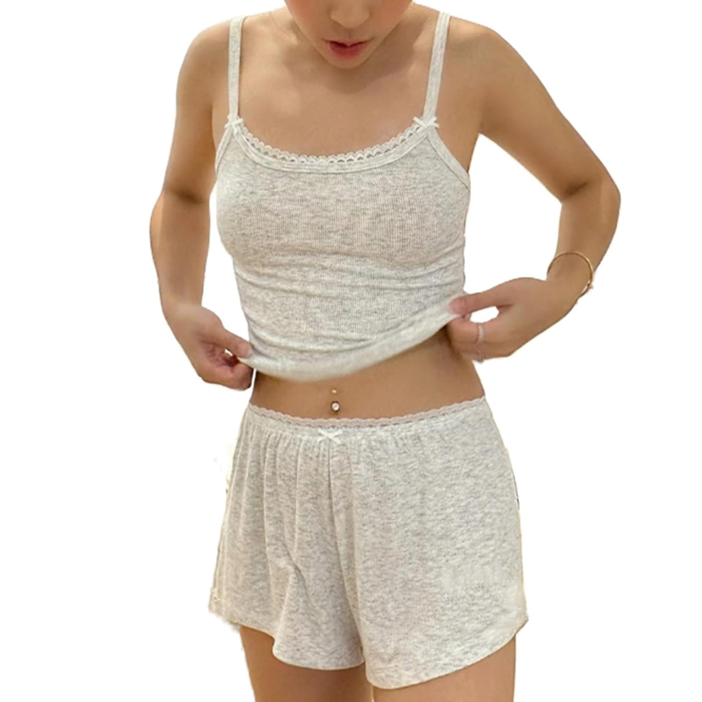 Women Sexy 2 Piece Pajama Set Sleeveless Lace Trim Crop Cami Top and Shorts Pj Set Y2K Sleepwear Lounge Outfits