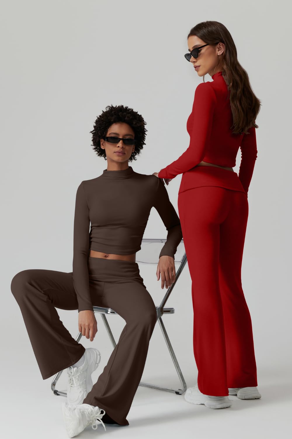 Womens 2 Piece Lounge Sets Mock Neck Long Sleeve Tops with Side Ruched Fold Over Flare Pants Comfy Tracksuits