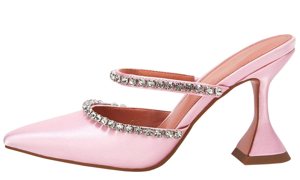 Women's Pointed Toe Strappy Heels Crystal Satin Heeled Mules Shoes