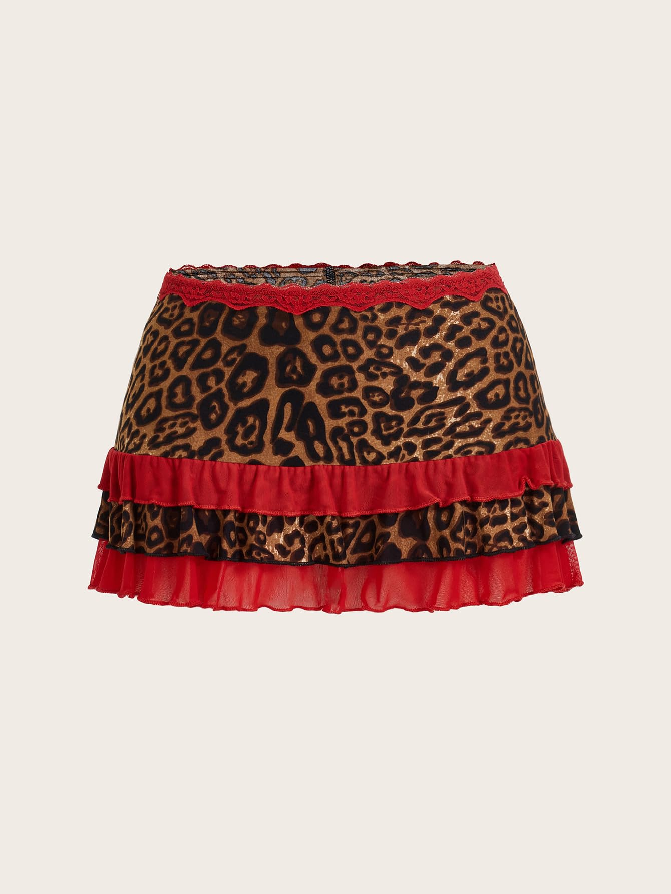 Women Leopard Print Low Rise Mini Skirt Y2k Contrast Mesh Layered Skirts