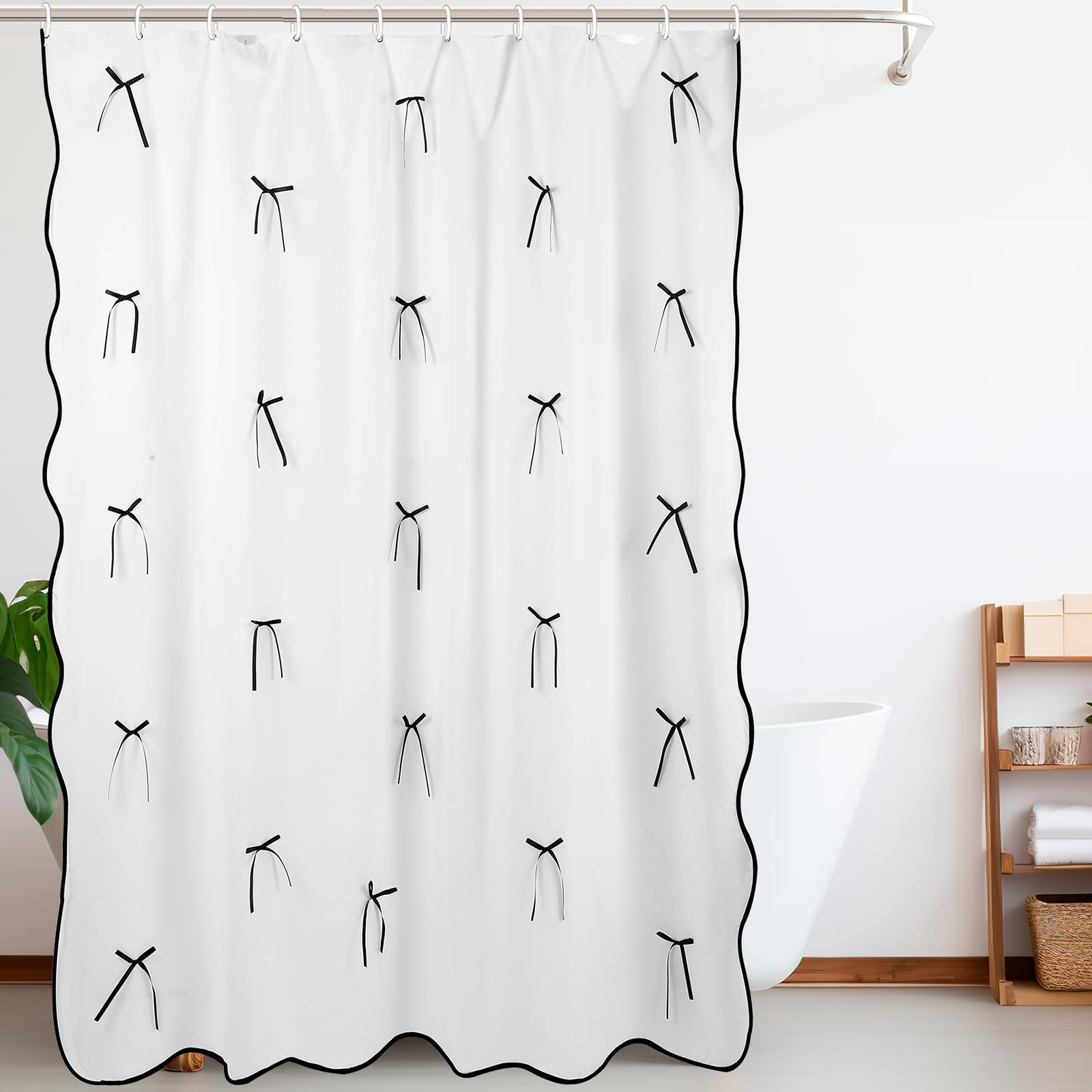 Cute Scalloped Bath Bow Shower Curtain with 12 Hooks Bowknot Waterproof Aesthetic Bathroom Decor for Women Girls Accessory, 72 Inches