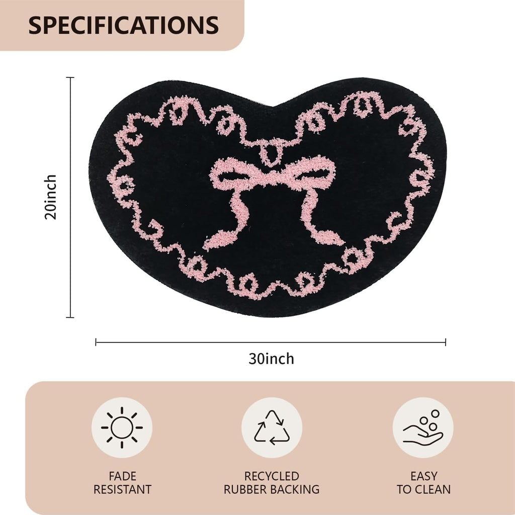 Coquette Black Pink Bow Mat Non Slip Heart Shaped Bow Rug Cute Girly Carpet Room Decor Microfiber Absorbent Bath