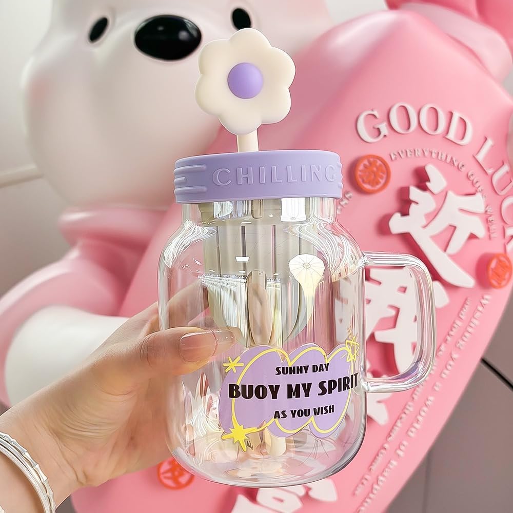 Cutecore Glass Mug with Flower Straw Lid and Handle 28.7oz | Floral Glass Cups Clear Mugs