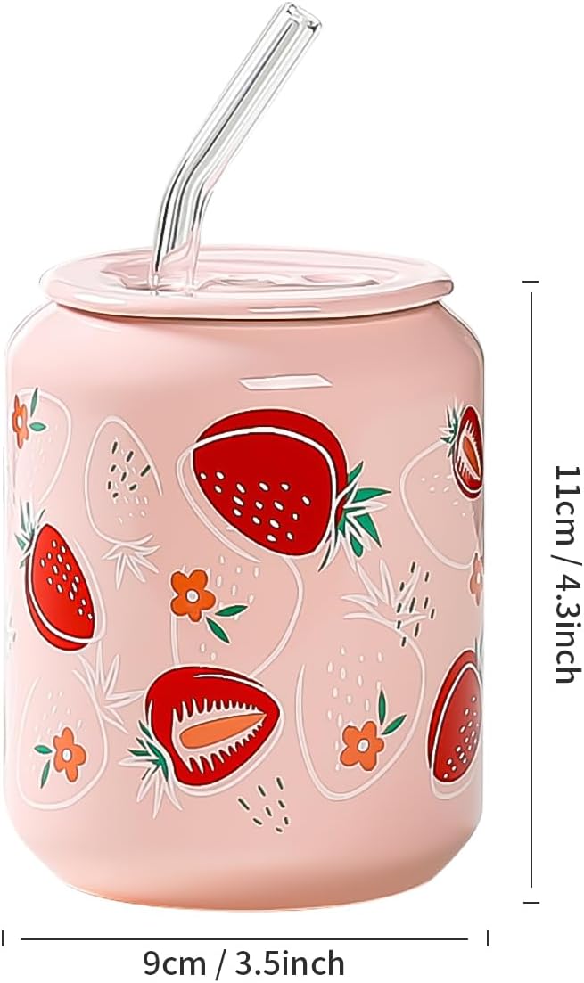 Cute Fruit Strawberry Pattern Coke Cans Shaped Ceramic Mug with Lid and Straw 17oz Pink Drinking Cup - Microwave Safe