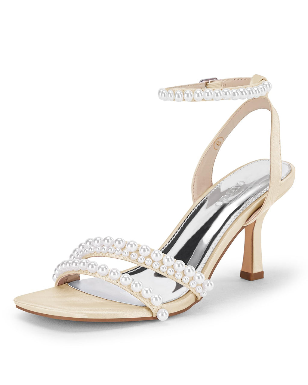 Women's Pearl Kitten Heels Sandals Square Open Toe Dress Sandals Ankle Strap Satin