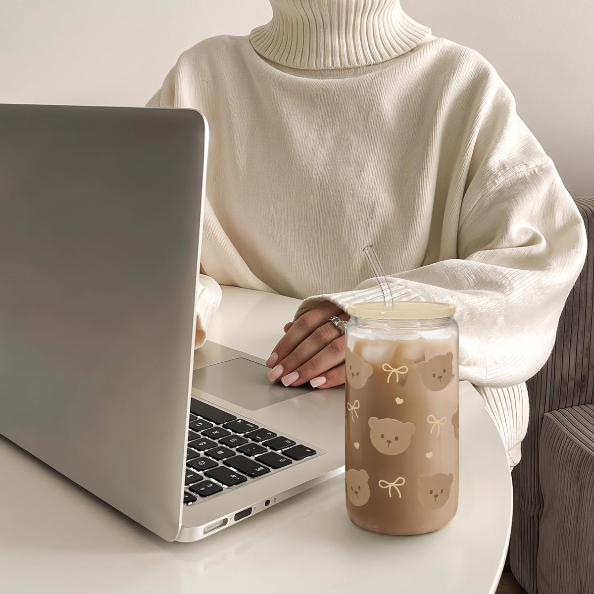 Glass Cup with Lid & Straw, Iced Coffee Aesthetic Glass Can, 16oz