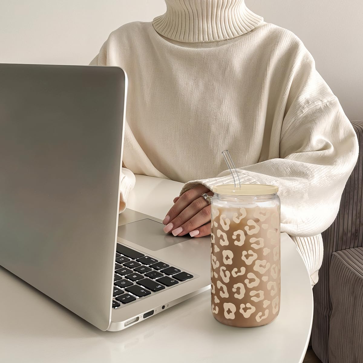 Glass Cup with Lid & Straw, Iced Coffee Aesthetic Glass Can, 16oz