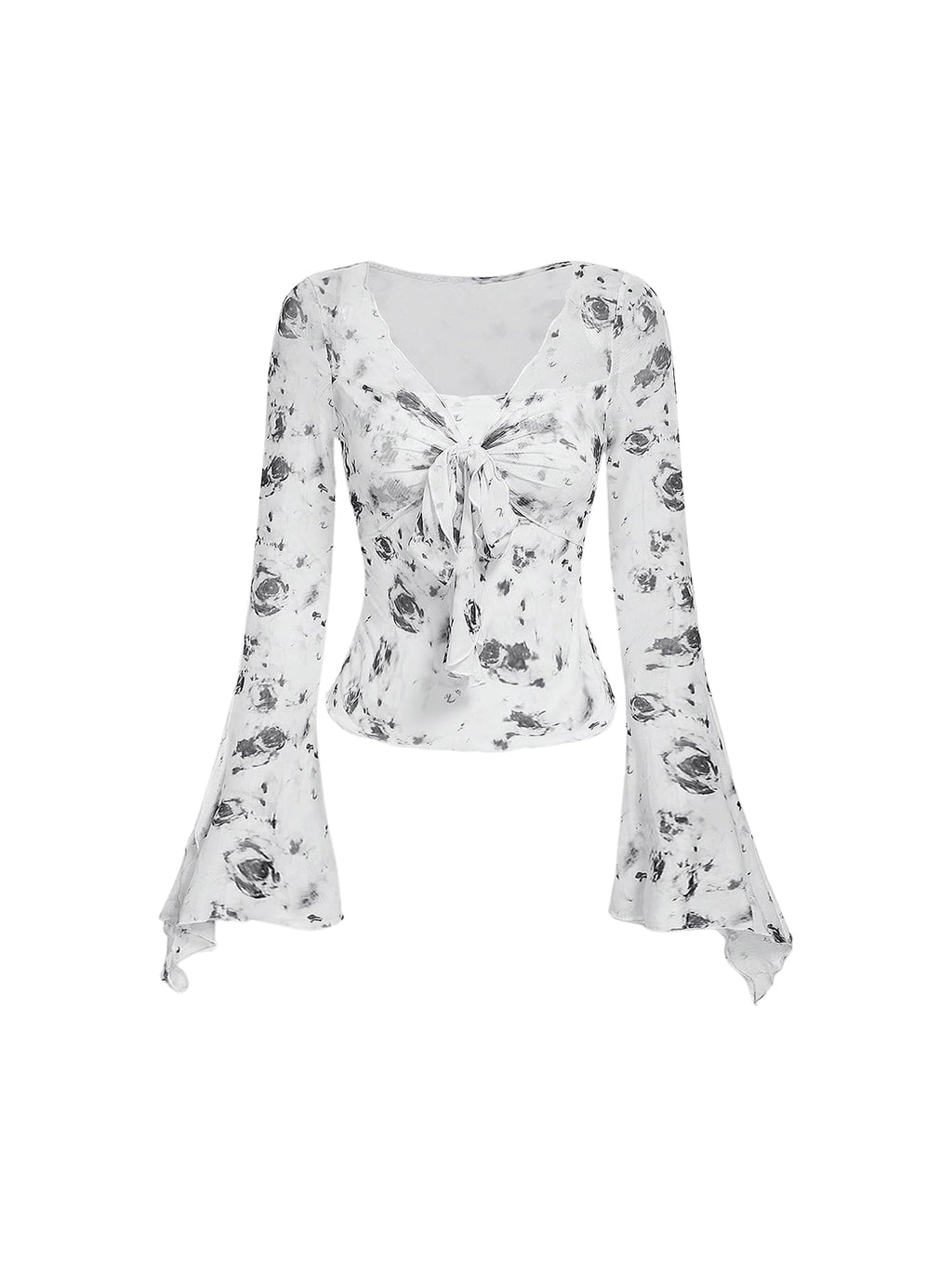 Verdusa Women's Floral Print Mesh Bell Sleeve Tie-Front Top with Lettuce Trim