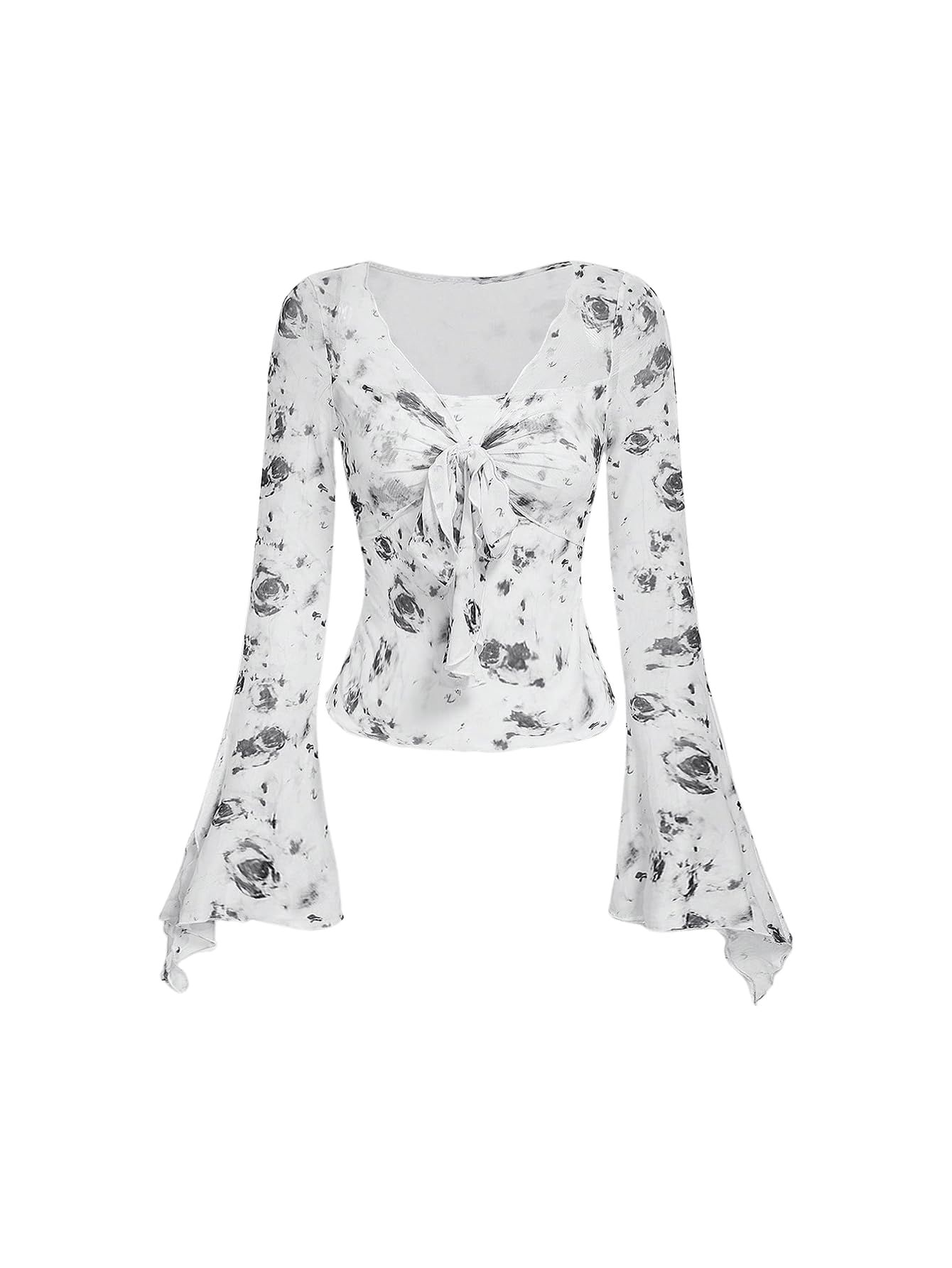 Verdusa Women's Floral Print Mesh Bell Sleeve Tie-Front Top with Lettuce Trim