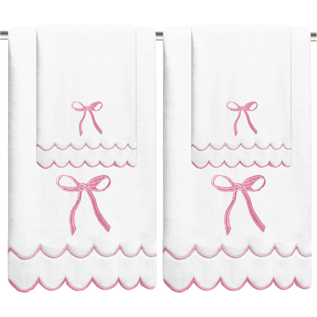 Cute 4 Set Coquette Bow Bath Towels Set 2 Bath Towels 2 Hand Towels Soft Embroidered Preppy Decorative Scalloped Towels for Bathroom