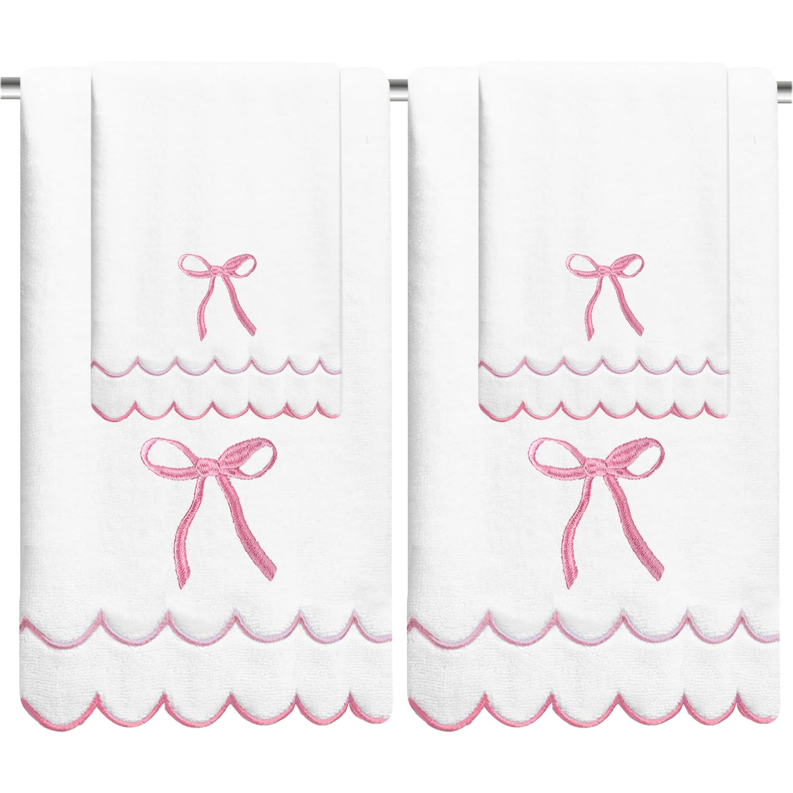 Cute 4 Set Coquette Bow Bath Towels Set 2 Bath Towels 2 Hand Towels Soft Embroidered Preppy Decorative Scalloped Towels for Bathroom