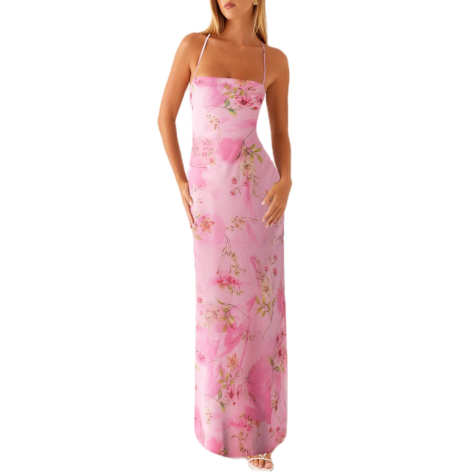 Women Floral Slip Dress Spaghetti Strap Maxi Dress Backless Slim Fit Long Dresses Flowers Print Going Out Dress