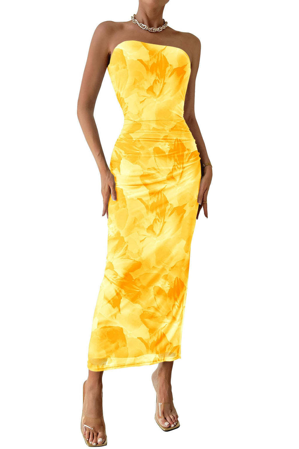 Women's Summer Maxi Bodycon Dresses Strapless Tube Top Printed Long Slit Dress