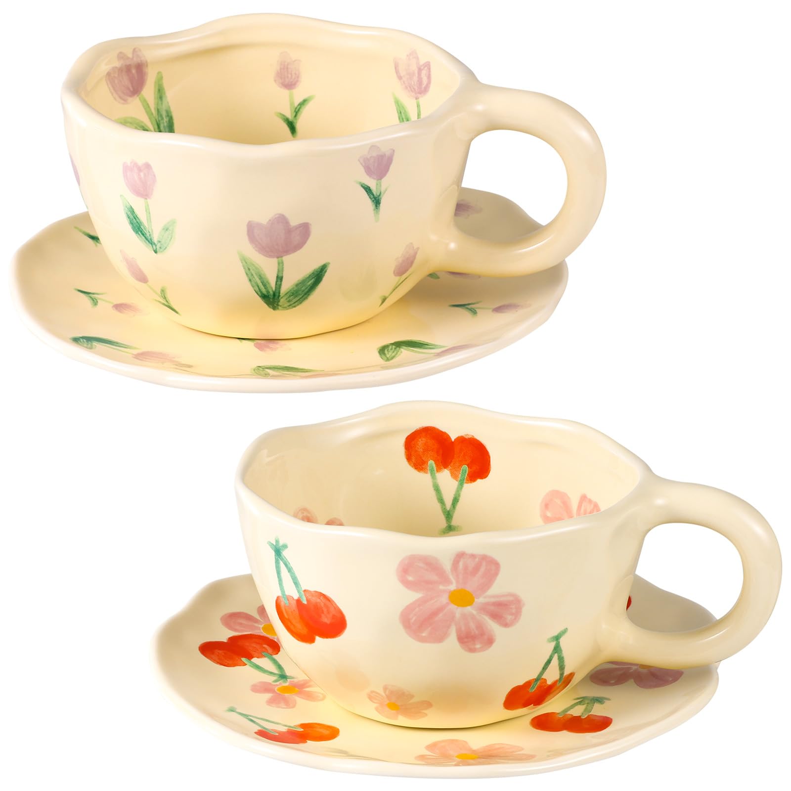Set of 4 Vintage Floral Ceramic Coffee Mugs â€?8 oz Irregular Latte Art Cups