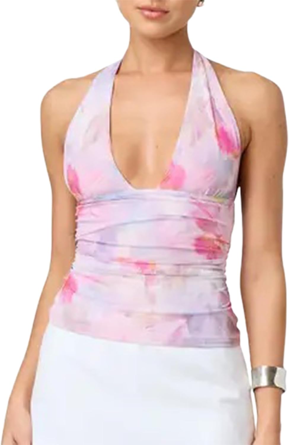 Women Deep V Neck Sexy Floral Y2k Cami Top - Slim Fit Ruffle Hem Flowy Spaghetti Strap Camisole