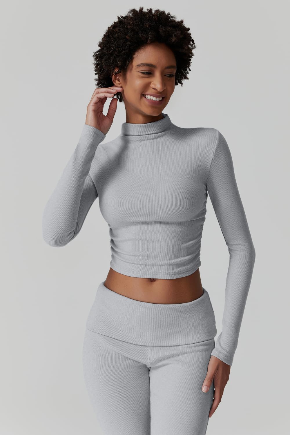 Womens 2 Piece Lounge Sets Mock Neck Long Sleeve Tops with Side Ruched Fold Over Flare Pants Comfy Tracksuits