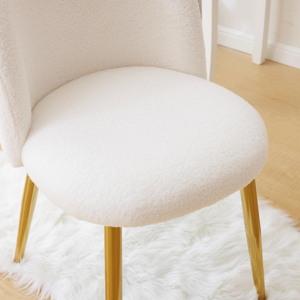 Cute, non-wheeled desk chair with backrest, fluffy cushion, cozy makeup chair with adjustable golden legs