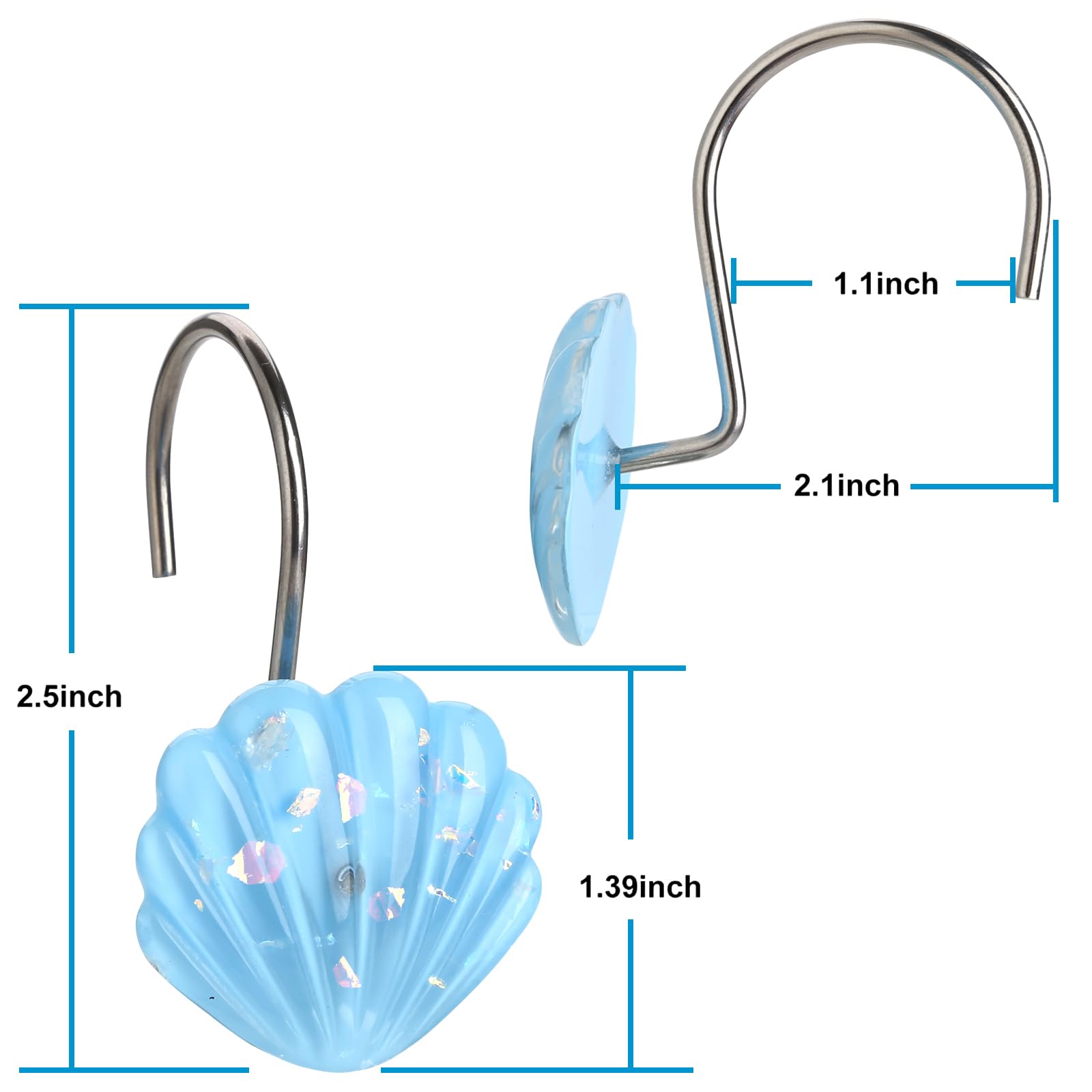 Seashell Shower Curtain Hooks, 12PCS Stainless Steel Anti Rust Starfish and Seashell Decorative Shower Hooks Ocean Theme Shower Curtain Hooks for Home Bathroom