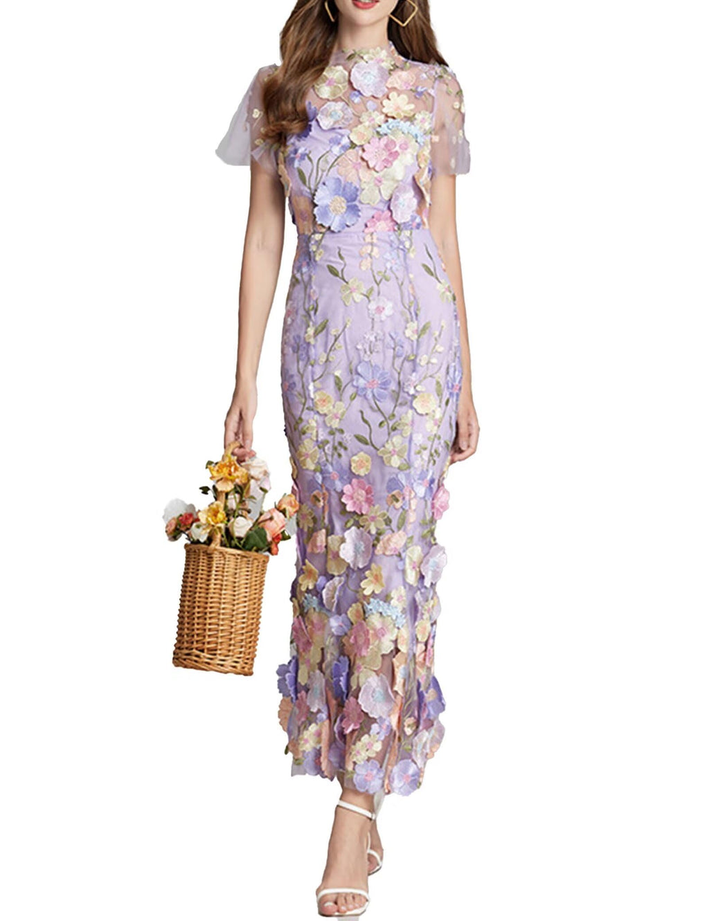 Women's 3D Floral Embroidery Dress Sheer Mesh Round Neck Lace Bodycon Party Cocktail Maxi Dress Short Sleeves