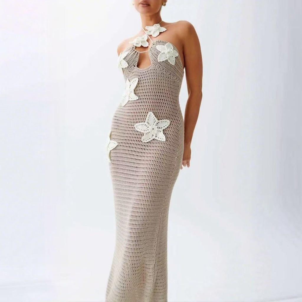 Women Halter Hollow Out Knitted Mini Dress Sexy Crochet 3D Flower Mini Dress