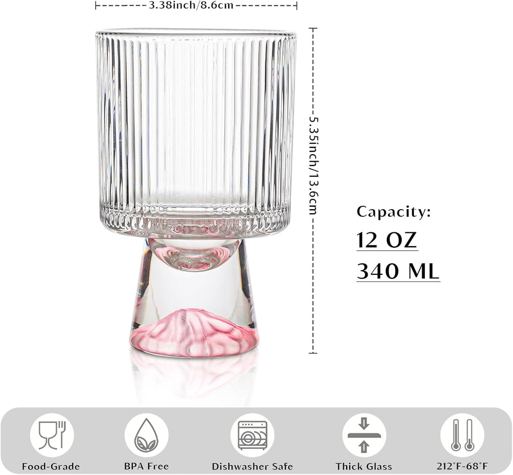 Durable Glass 4-Piece Clear Ribbed Cocktail Glasses, 12oz Featuring a Stabilizing Conical Base with a Pink Ombre Finish