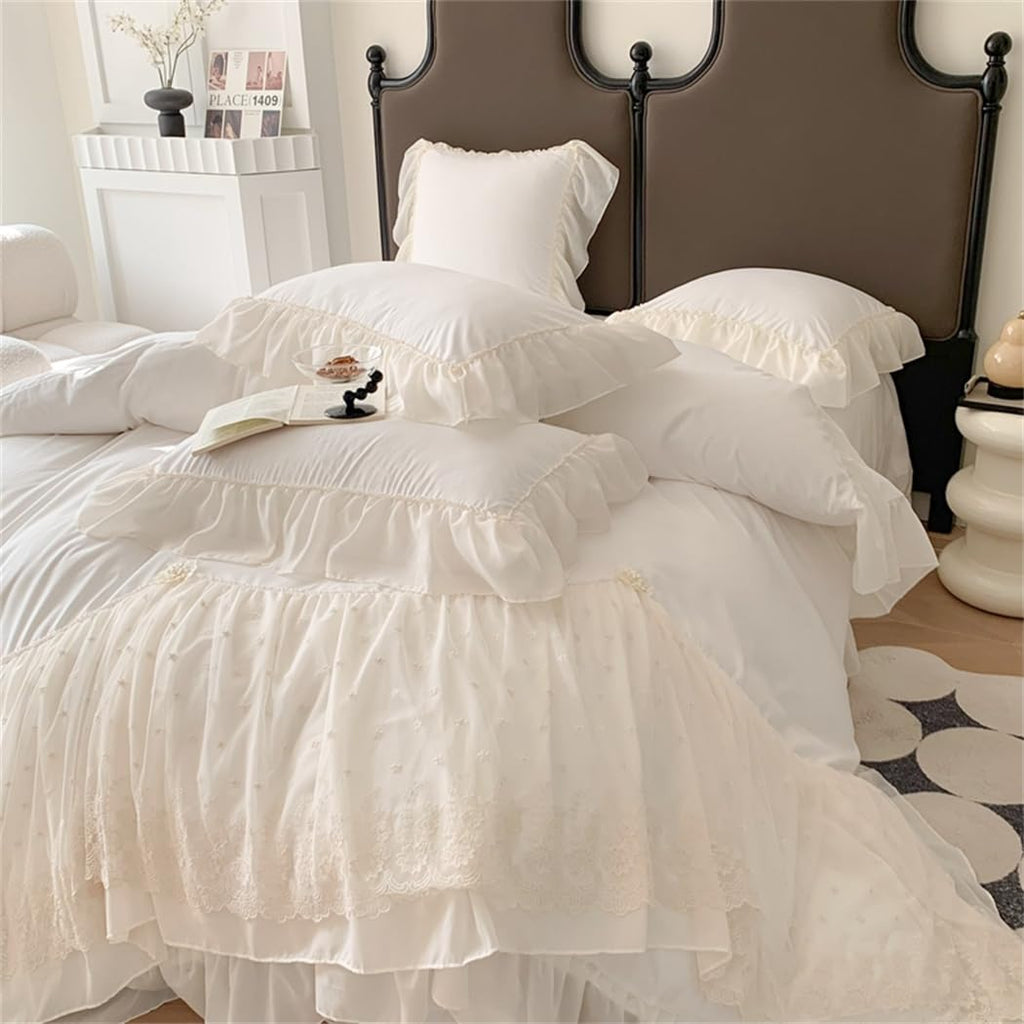 Lace Duvet Cover - Chiffon Ruffled Beddding Set with Flower, 3 Pieces Comforter Cover Set with Zipper Closure and Pillowcase