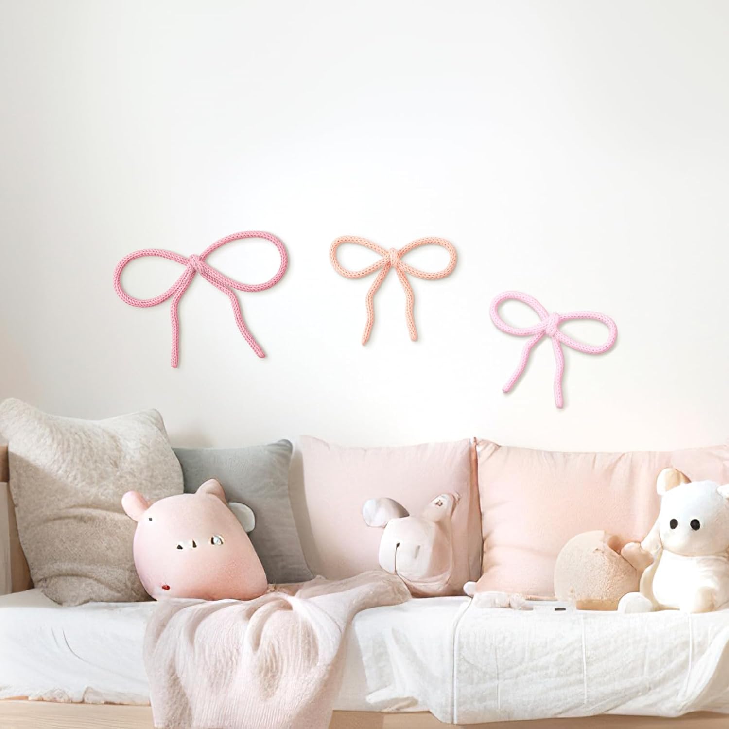 Pink Bow 3 Pcs Boho Bow Wall Decor - Coquette Room Decor Woven Macrame Wall Hanging 2 Size Pink Preppy Decoration