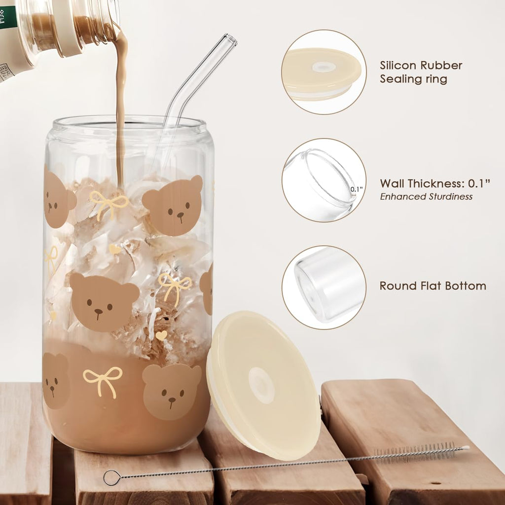 Glass Cup with Lid & Straw, Iced Coffee Aesthetic Glass Can, 16oz