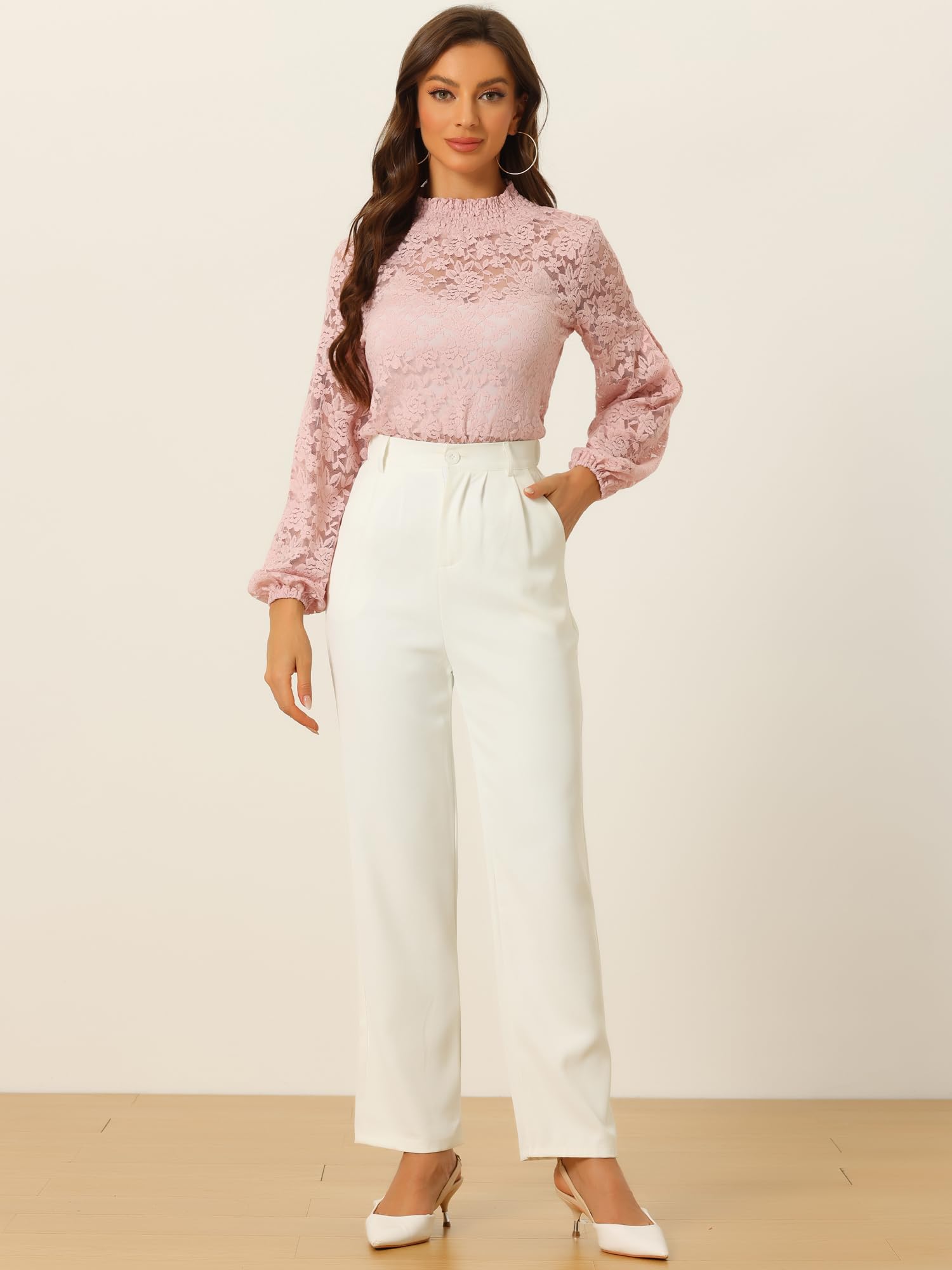 Floral Lace Top Turtleneck Puff Long Sleeve See Through Sheer Blouse