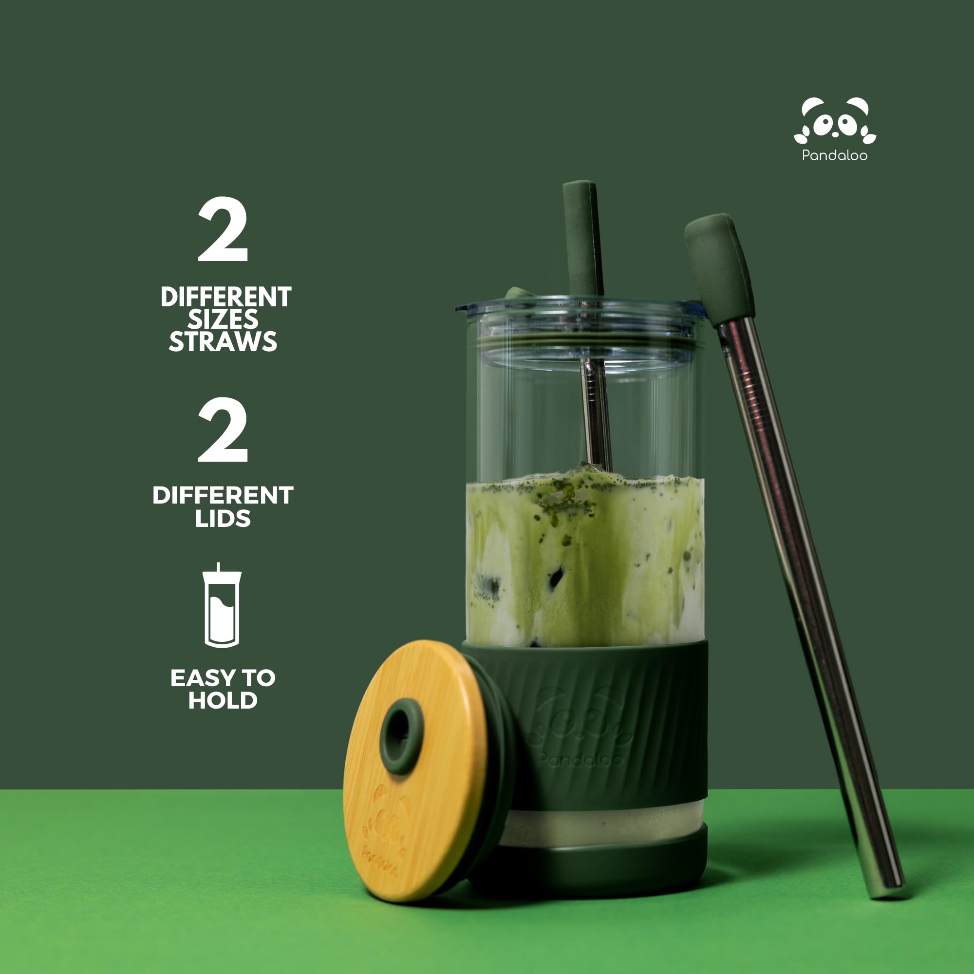 Pandaloo® Glass Cups With Lids and Straws -20 Fl Oz- Perfect Size Iced Coffee Cup - Smoothie Cup With Bamboo Lid and On the go Lid - Glass Tumbler With Straw