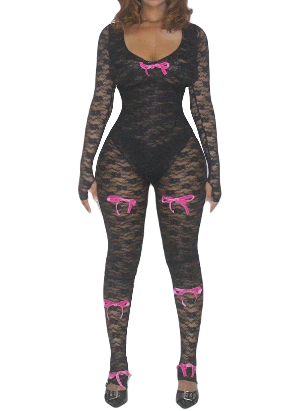 Sexy Sheer Outfits for Women Lace Long Sleeve U Neck Bodycon Jumpsuit Streetwear Rompers