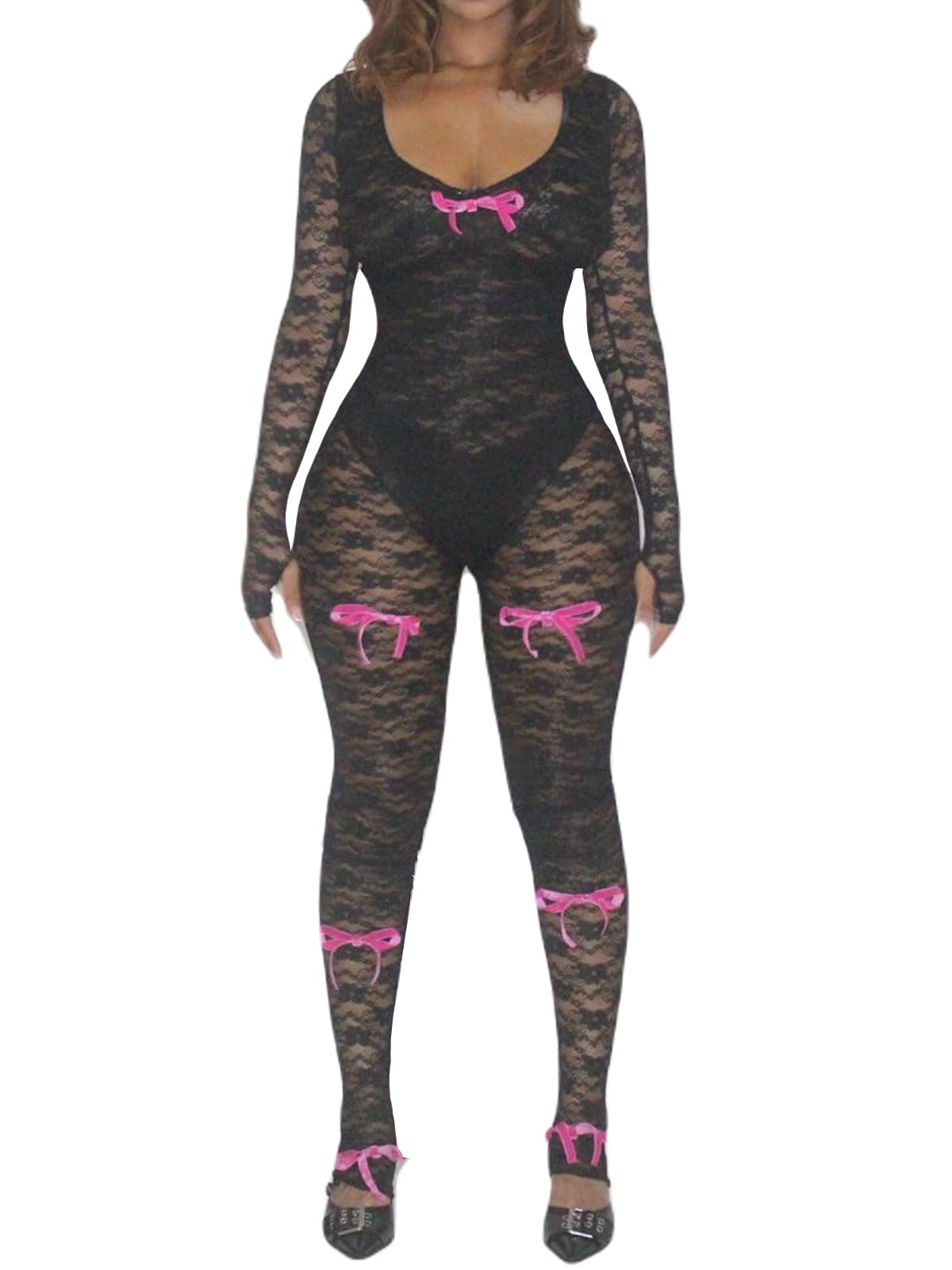 Sexy Sheer Outfits for Women Lace Long Sleeve U Neck Bodycon Jumpsuit Streetwear Rompers