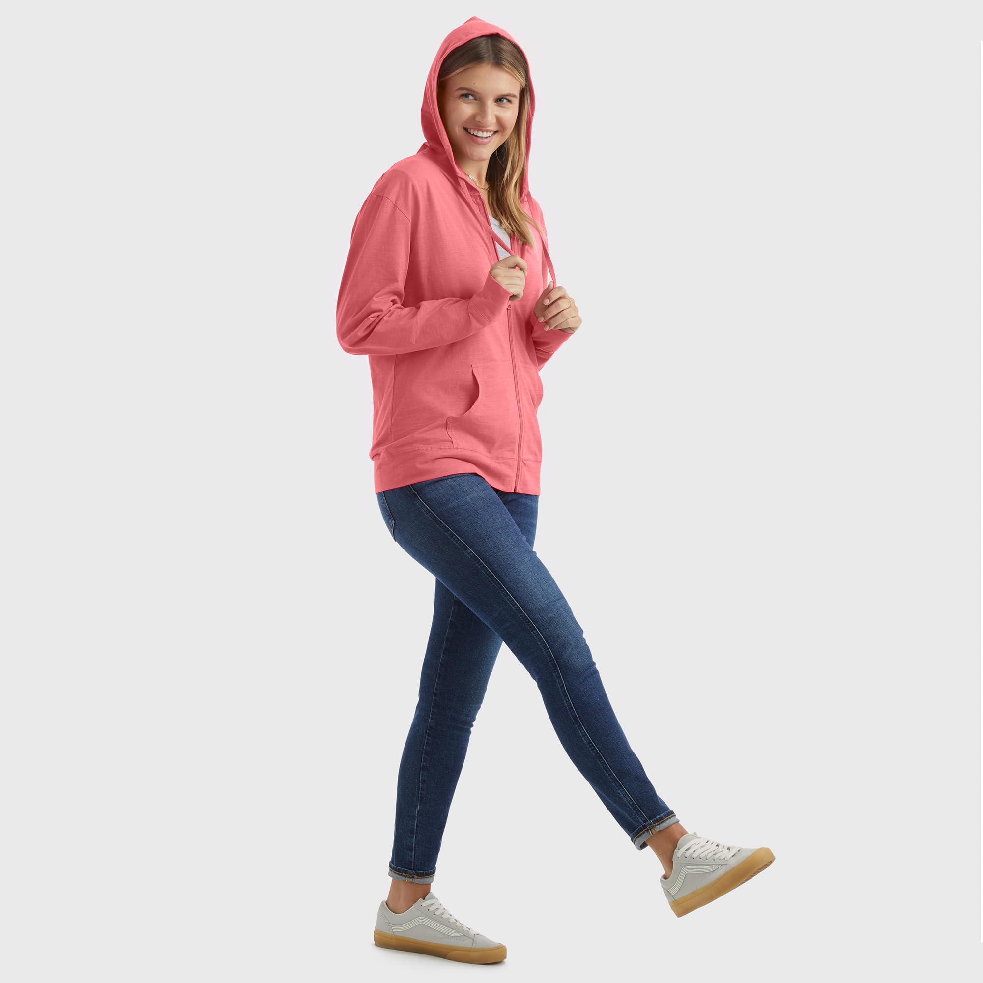 Women's Slub Knit Full-Zip Hoodie, Textured Cotton Zip-Up T-Shirt Hoodie