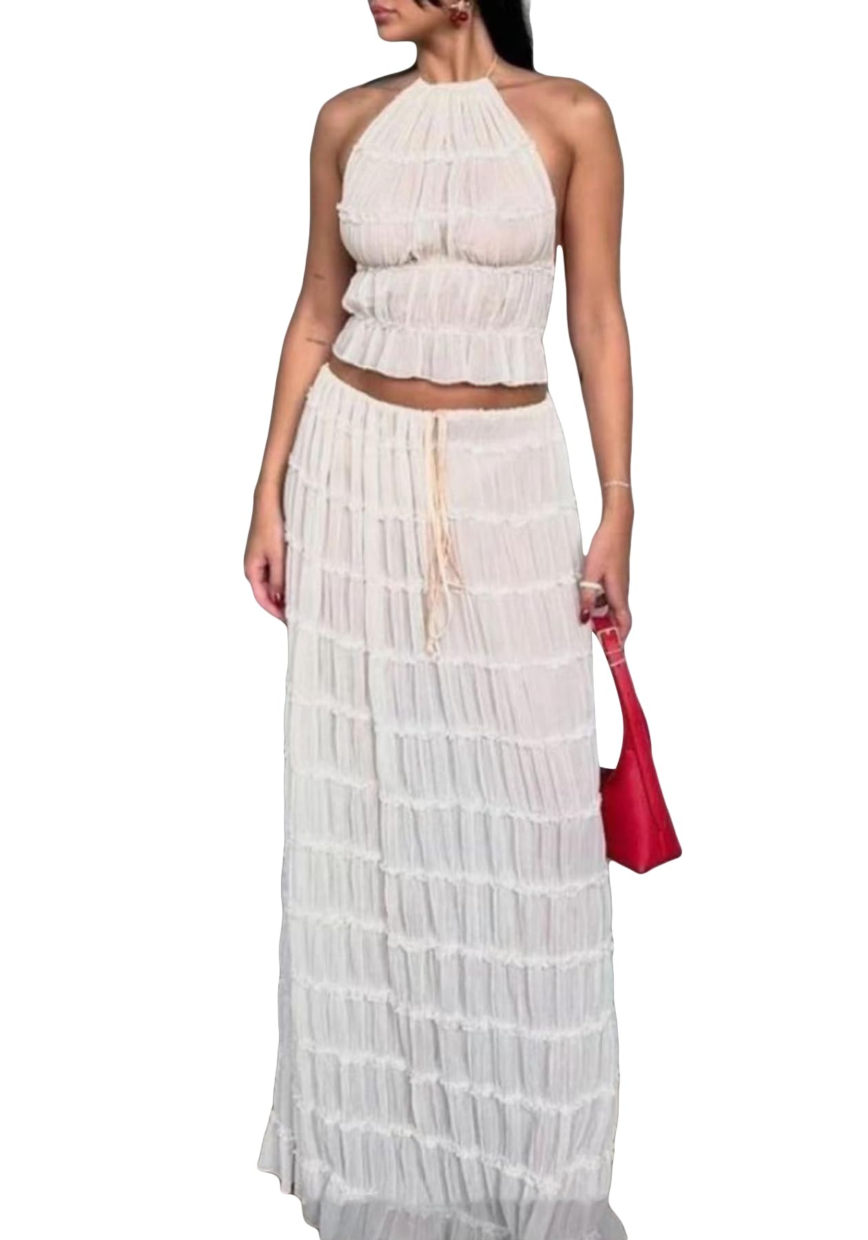 Skirt Sets Women 2 Piece Outfits Backless Halter Top And Pleated Ruffle Flowy Maxi Skirts Y2k Beach Vacation Set